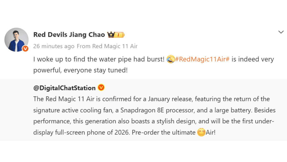 Red Magic 11 Air कन्फर्म: जनवरी 2026 में होगा लॉन्च, Snapdragon 8 Elite और Active Cooling Fan के साथ आएगा नया गेमिंग फोन